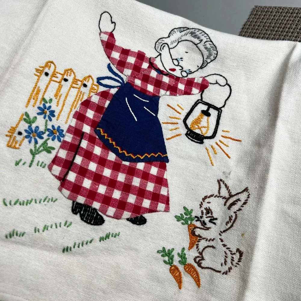 Vintage 1950s Hand Embroidered Tea Towels‎ Set 2 Farm Grandmother Grandfather